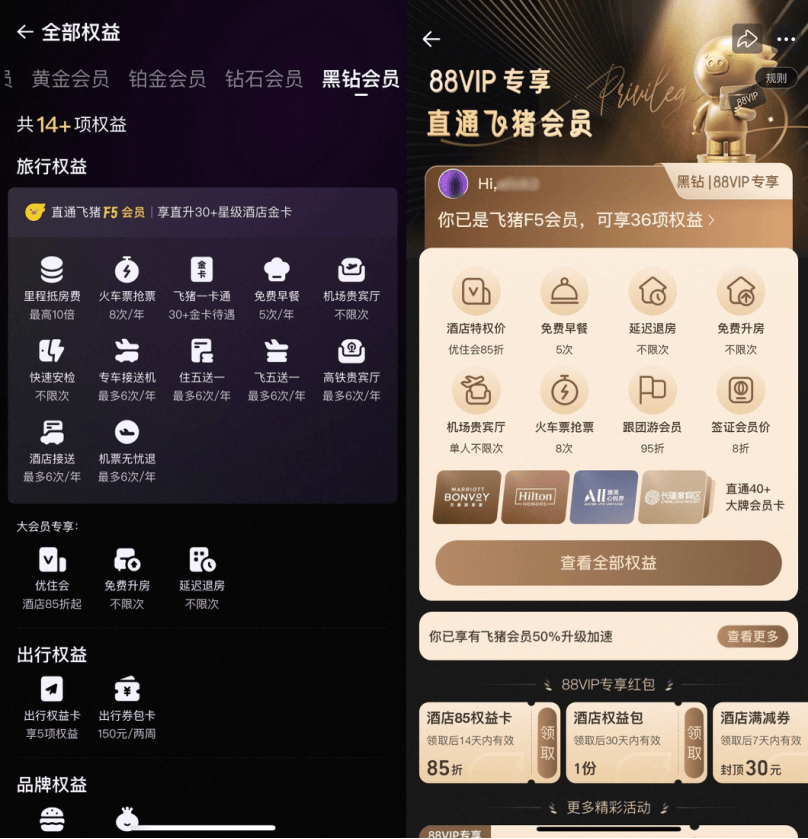 飞猪与淘宝打通：淘宝大会员黑钻直通飞猪F5，可获万豪等金卡